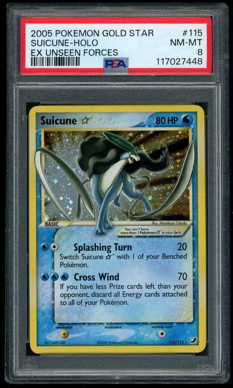 2005 POKEMON GOLD STAR SUICUNE-HOLO EX UNSEEN FORCES #115 PSA 8