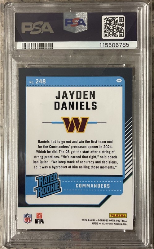 2024 Donruss Optic Rated Rookie Jayden Daniels #248 (RC) PSA 10 Low Pop view 2