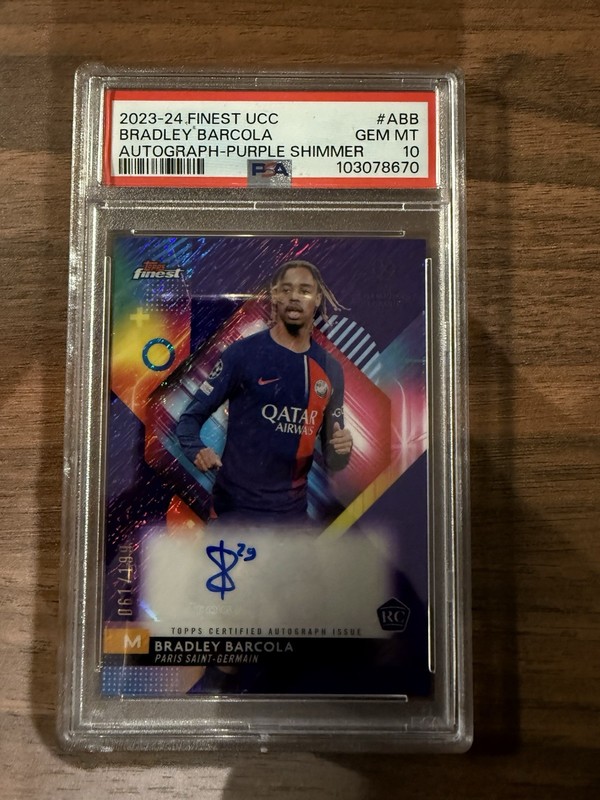 2023-24 Topps Finest UEFA Rookie Auto Purple Shimmer /199 Bradley Barcola PSA 10
