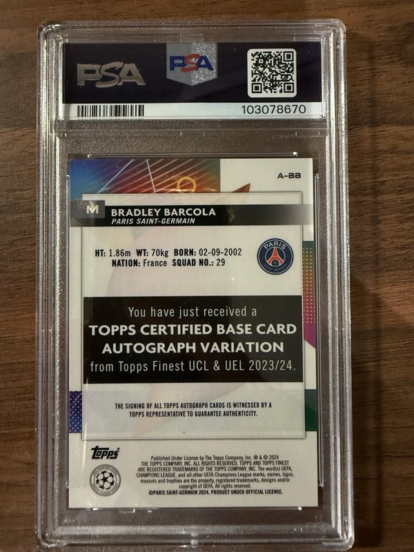 2023-24 Topps Finest UEFA Rookie Auto Purple Shimmer /199 Bradley Barcola PSA 10 view 2