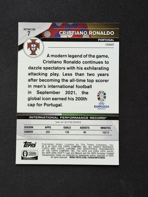 2024 CRISTIANO RONALDO TOPPS CHROME #7UEFA EURO 2024 REFRACTOR SP Portugal view 2