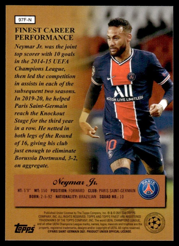 2020 Finest UEFA Champions League 1997 Topps Masters Neymar Jr. Paris view 2