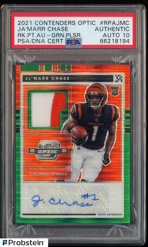 2021 Contenders Optic Green Pulsar Ja'Marr Chase RC Patch 1/15 PSA/DNA 10 AUTO
