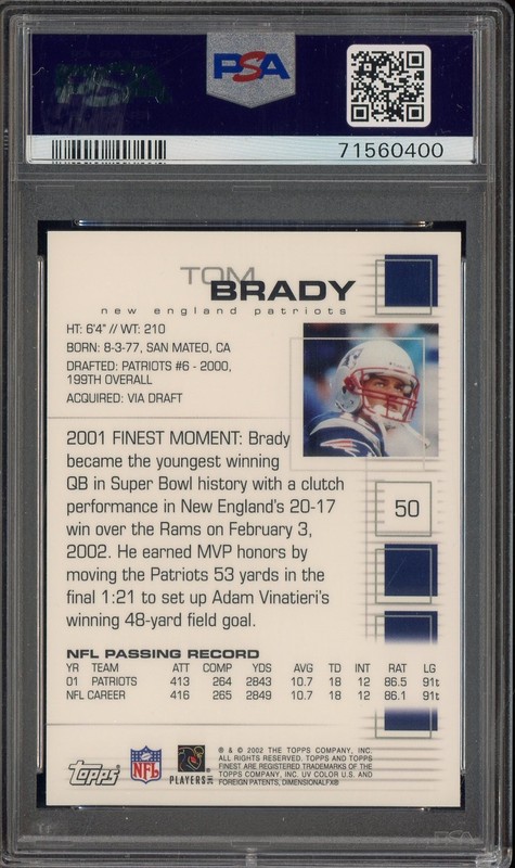 2002 Topps Finest #50 Tom Brady New England Patriots PSA 10 GEM MINT view 2