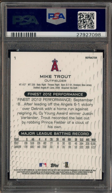 2013 Topps Finest Refractor #1 Mike Trout Angels PSA 10 GEM MINT view 2