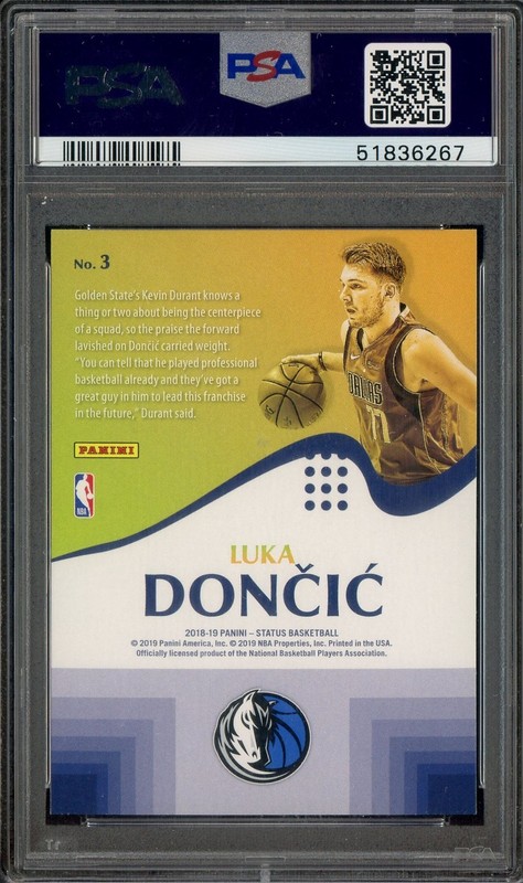 2018 Panini Status Rookie Prominence Blue #3 Luka Doncic Mavericks RC PSA 10 view 2