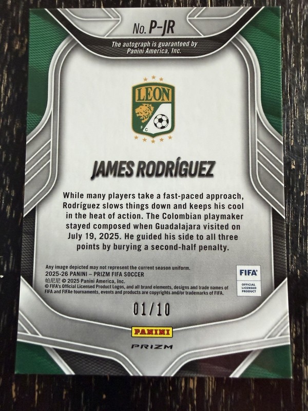 James Rodriguez 2025-26 Panini Prizm FIFA Penmanship Auto Green Purple 01/10 SSP view 2