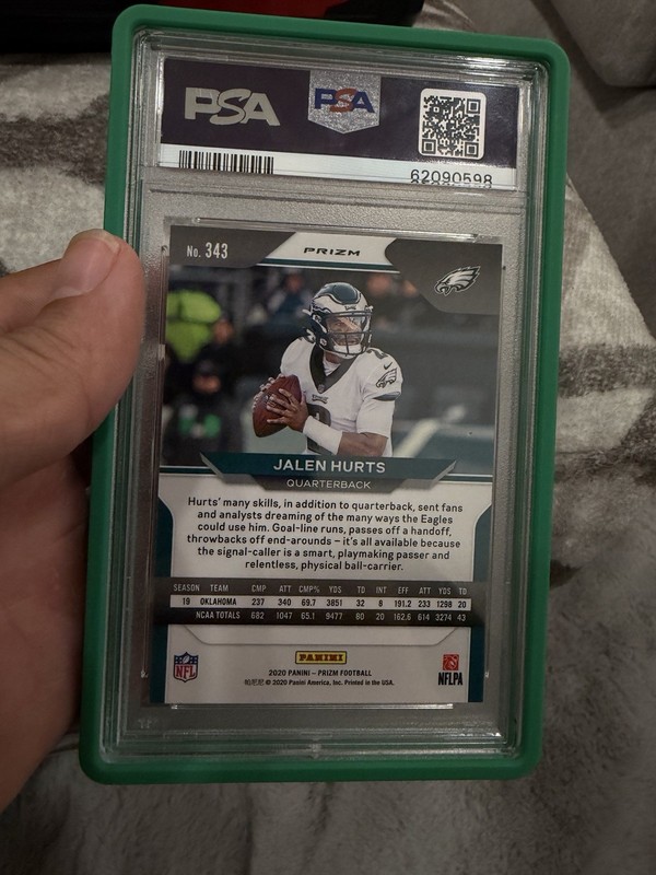Panini 2020 Prizm Jalen Hurts #343 Neon Green Pulsar RC Eagles PSA 10 view 2