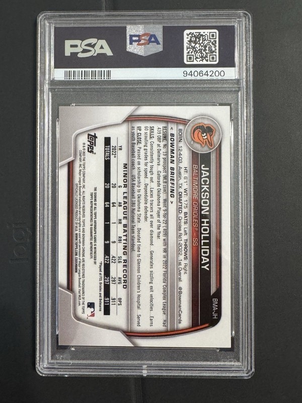 2023 Bowman Chrome Jackson Holliday Auto Rookie Prospect Blue Mojo /150 PSA 9 view 2