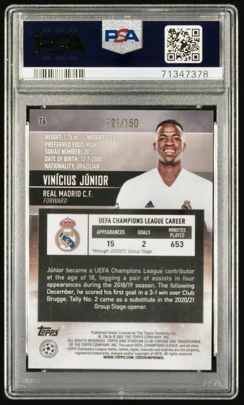 2020-21 Stadium Club Chrome UCL Vinicius Junior Aqua/Green /150 PSA 10 view 2