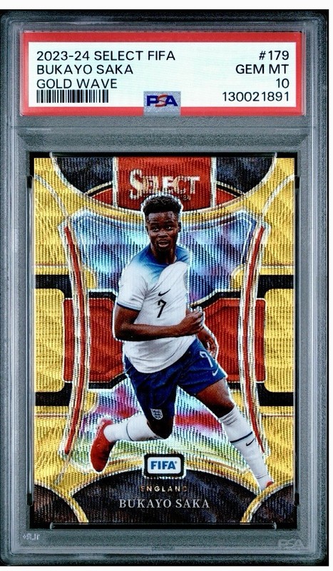 Bukayo Saka 2023-24 Panini Select FIFA #179 Gold Wave Prizm #D 09/10 - PSA 10