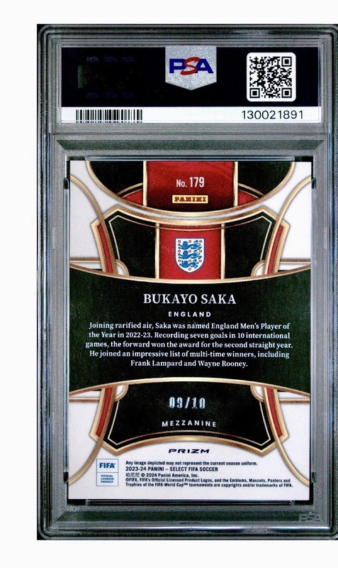 Bukayo Saka 2023-24 Panini Select FIFA #179 Gold Wave Prizm #D 09/10 - PSA 10 view 2