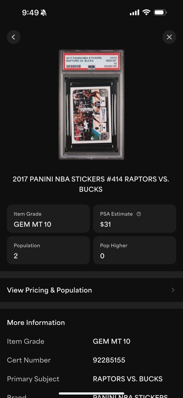 2017 Panini NBA Stickers #414 Bucks Giannis vs Raptors DeRozan - PSA 10 - POP 2 view 2