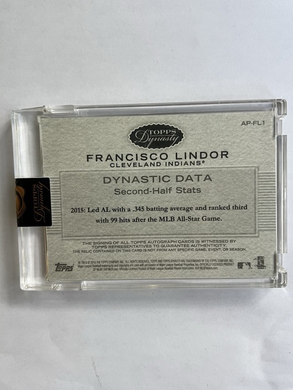 Francisco Lindor 2016 Topps Dynasty 1/1 MLB Logo Logoman Patch Auto 1/1 Card view 2
