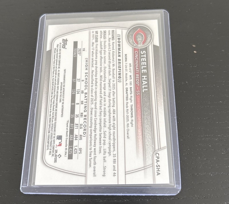 2025 Bowman Draft Steele Hall 1st Chrome Auto - Reds view 2