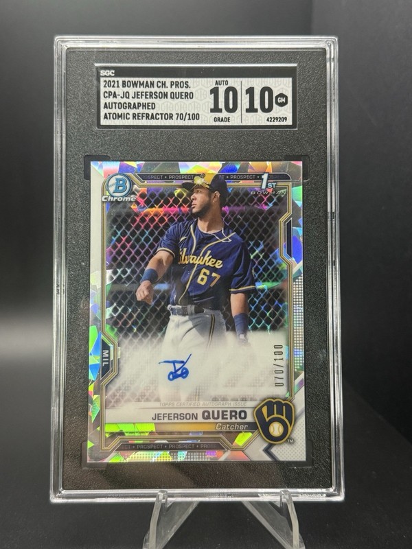 2021 Bowman Chrome Jeferson Quero Auto Atomic Refractor 1st #/100 Brewers SGC 10