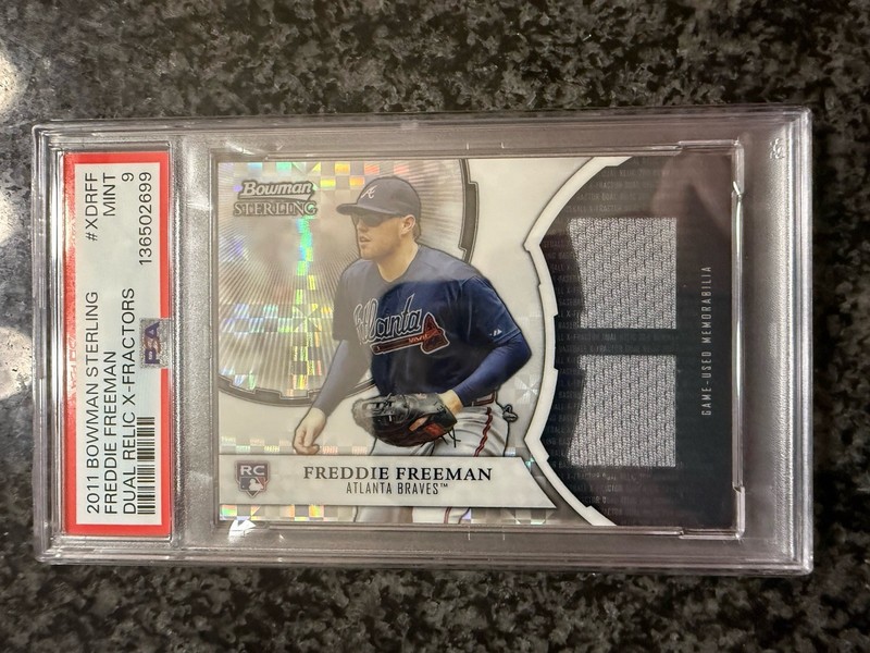 2011 Freddie Freeman Bowman Sterling Game Used Dual Jersey Xfractor PSA 9 #/199