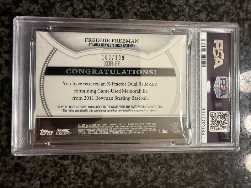 2011 Freddie Freeman Bowman Sterling Game Used Dual Jersey Xfractor PSA 9 #/199 view 2