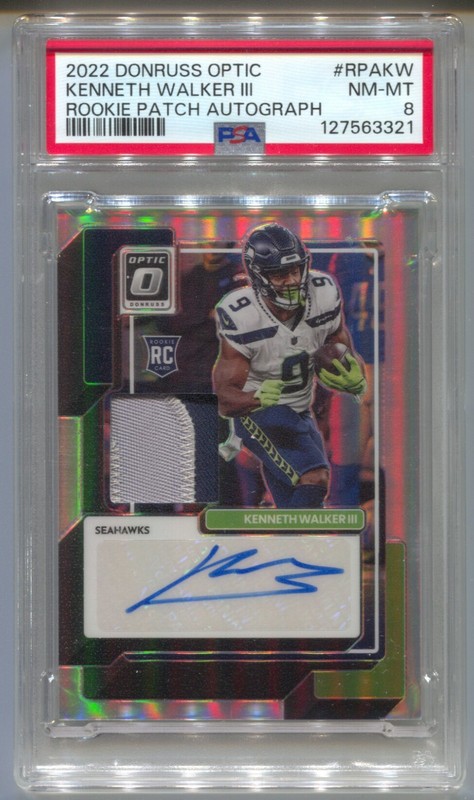 2022 Donruss Optic Kenneth Walker Rookie Autograph 2 Color Patch Auto #/49 PSA 8