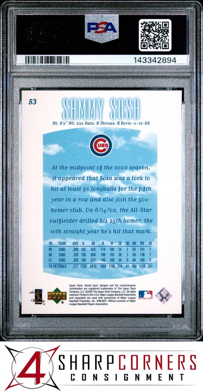 2002 UPPER DECK SWEET SPOT #53 SAMMY SOSA CUBS POP 4 PSA 10 view 2