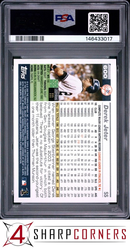 2005 TOPPS #600 DEREK JETER YANKEES HOF PSA 9 view 2