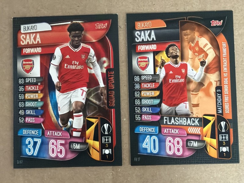 2 x Bukayo Saka Arsenal Match Attax Extra Rookie Cards RC 2019/20 variants 