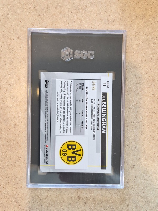 2020 Topps Chrome Bundesliga Sapphire Jude Bellingham YELLOW RC #/99 SGC 9.5 view 2