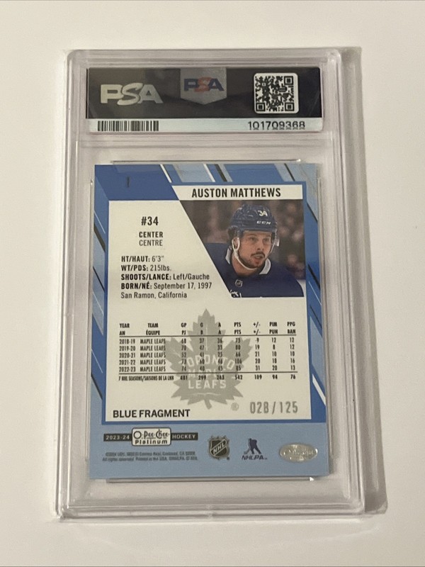 2023-24 O-Pee-Chee Platinum Blue Fragments28/ 125 Auston Matthews #1 Psa 10 view 2