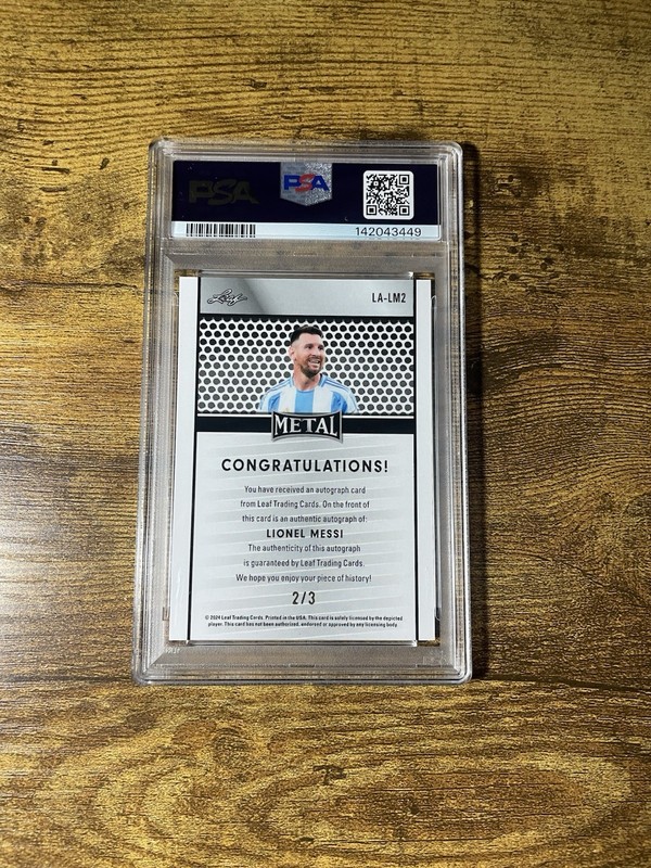 Lionel Messi 2024 Leaf Collective Auto /3 SSP PSA 9 view 2