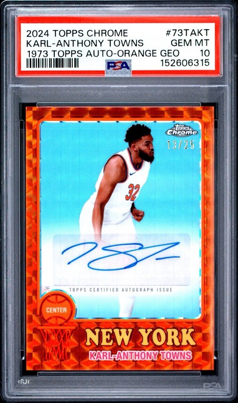 2024-25 Topps Chrome Karl-Anthony Towns Orange Geometric Auto /25 1973 PSA 10