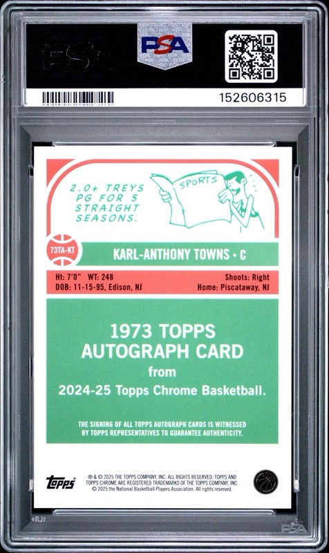 2024-25 Topps Chrome Karl-Anthony Towns Orange Geometric Auto /25 1973 PSA 10 view 2