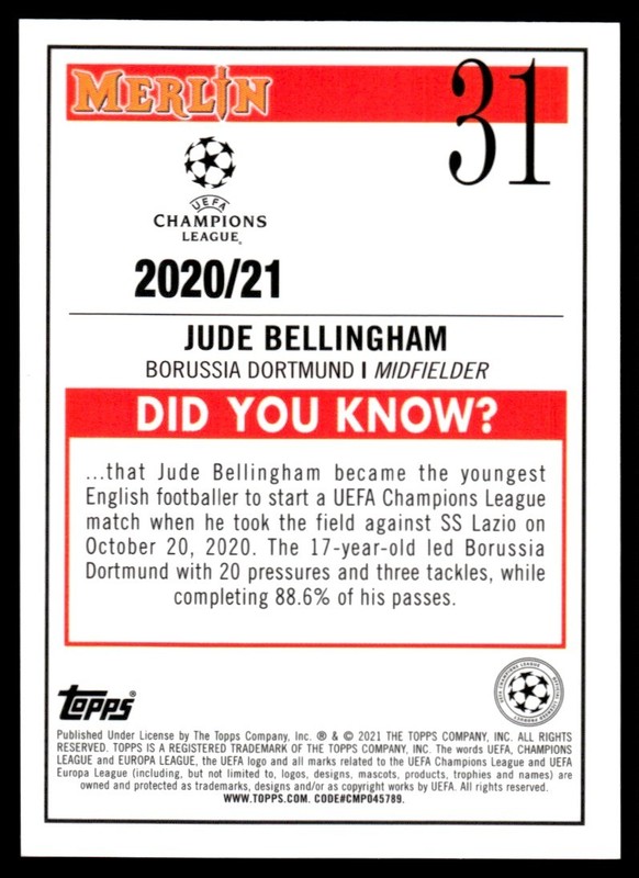 2021 Topps Chrome Merlin UEFA Jude Bellingham Rookie Germany #31 view 2