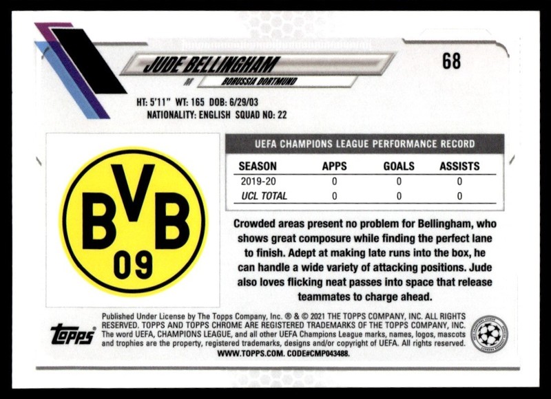2020 Topps Chrome UEFA Jude Bellingham Rookie Germany #68 view 2