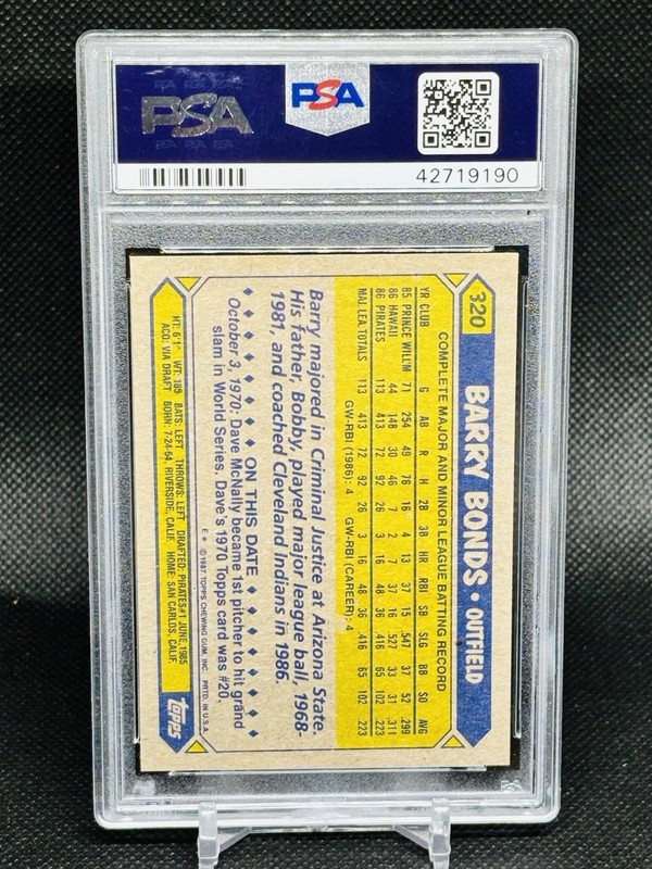 1987 Topps Barry Bonds #320 Rookie PSA 9 Mint Pirates Giants RC view 2