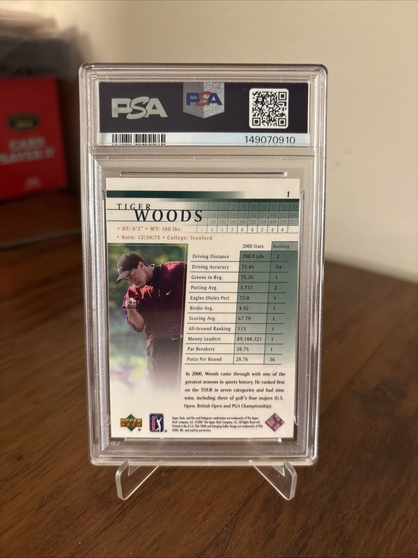 2001 Upper Deck Tiger Woods 1 PSA 10 Freshly Graded view 2