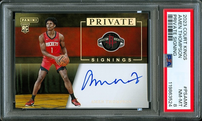 2023 Panini Private Signing #PSAMN Amen Thompson On Card Rookie Auto PSA 8 NM-MT view 2