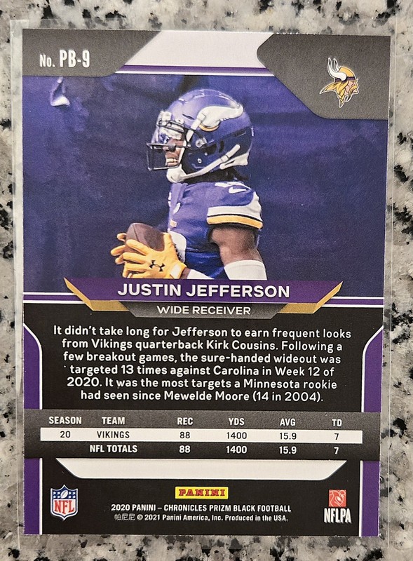 Justin Jefferson - 2020 Chronicles Prizm Black Football Rookie RC Base | #PB-9 view 2