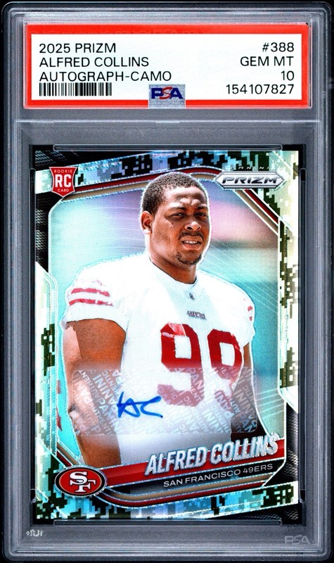 PSA 10 2025 Panini Prizm Alfred Collins RC Auto Camo /25 SSP Rookie 49ers 