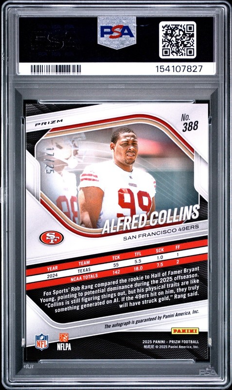 PSA 10 2025 Panini Prizm Alfred Collins RC Auto Camo /25 SSP Rookie 49ers  view 2
