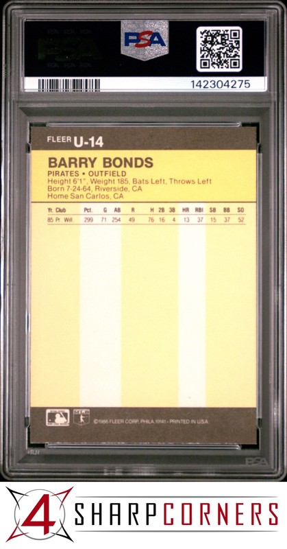 1986 FLEER UPDATE #U-14 BARRY BONDS RC PIRATES PSA 9 view 2