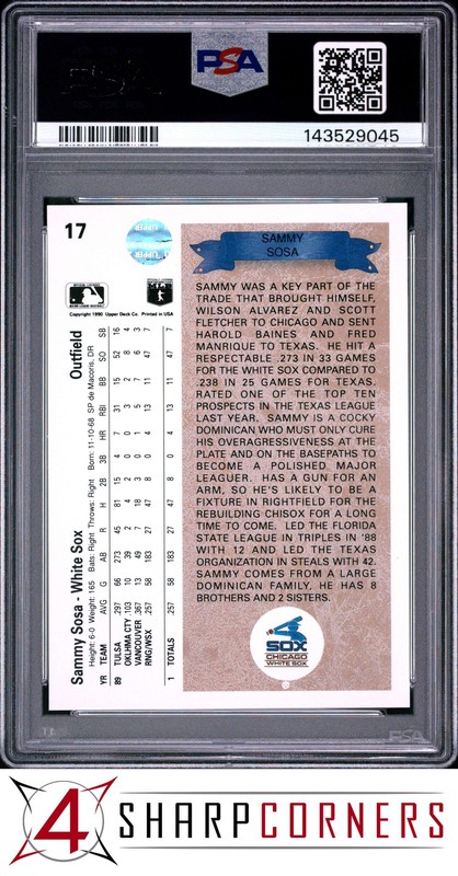 1990 UPPER DECK STAR ROOKIE #17 SAMMY SOSA RC WHITE SOX PSA 10 view 2