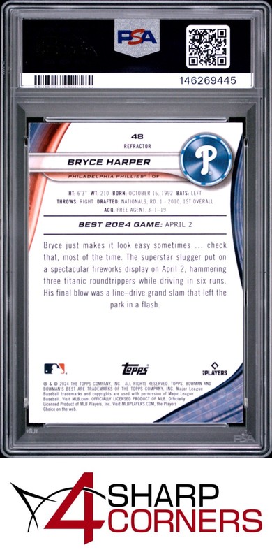2024 BOWMAN'S BEST REFRACTOR #48 BRYCE HARPER POP 6 PSA 10 view 2
