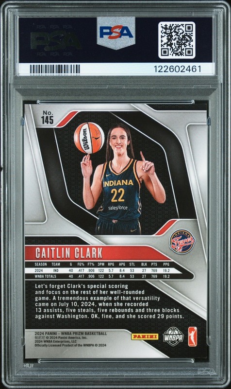 2024 Panini WNBA Prizm Caitlin Clark RC PSA 9 Indiana Fever view 2