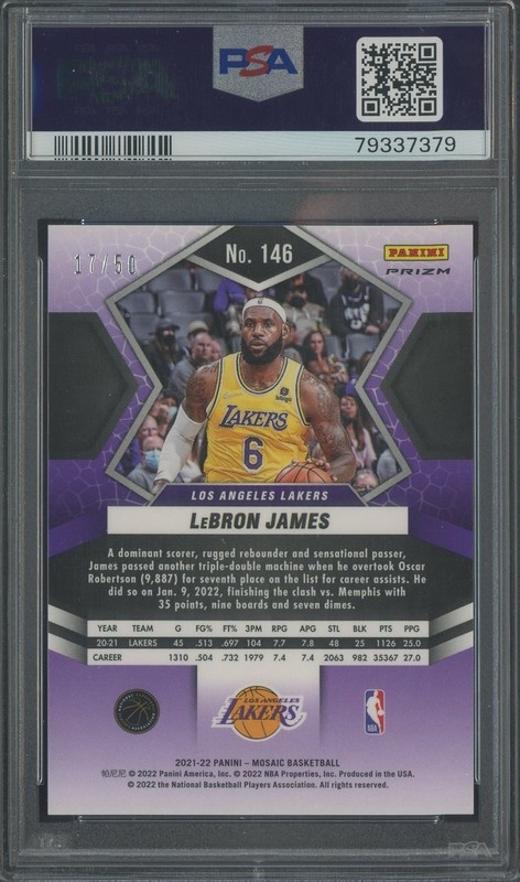 2021 Panini Mosaic Purple Fast Break Prizm #146 LeBron James Lakers 17/50 PSA 10 view 2