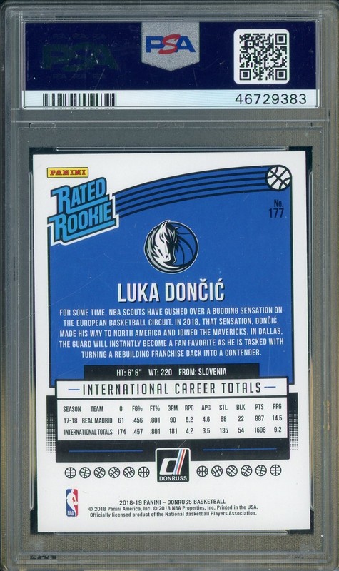2018 Donruss #177 Luka Doncic Dallas Mavericks RC Rookie PSA 10 GEM MINT view 2