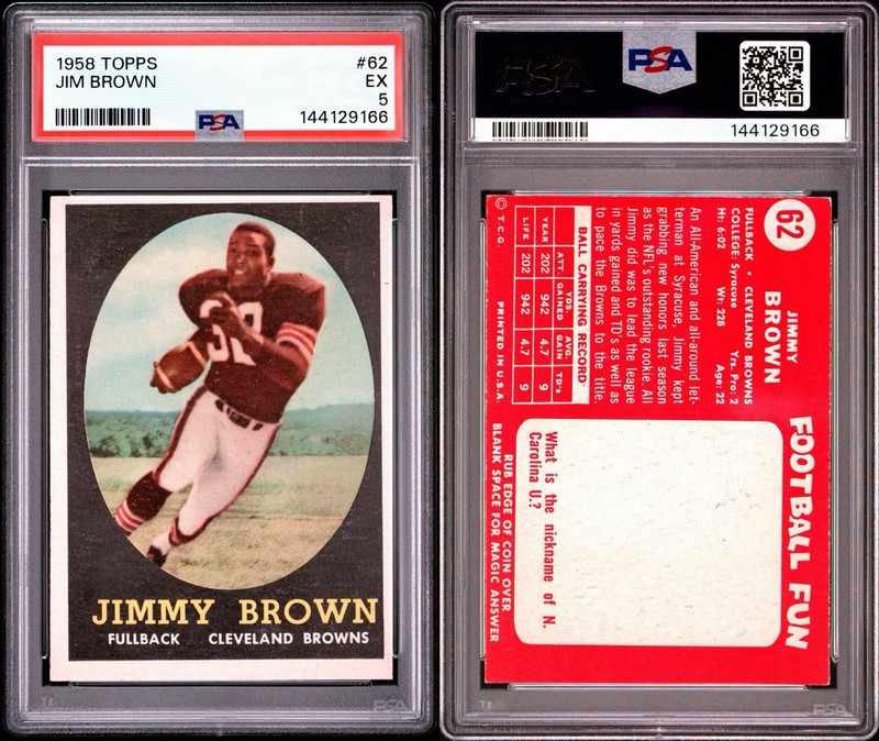 1958 Topps Football #62 Jimmy Jim Brown Rookie Card PSA 5 Freshly Graded 