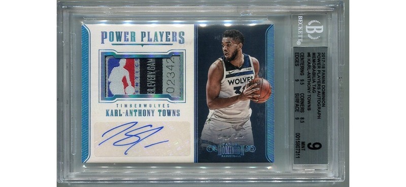 2017-18 Panini Dominion Karl-Anthony Towns Logoman Patch Auto 1/1 BGS 9