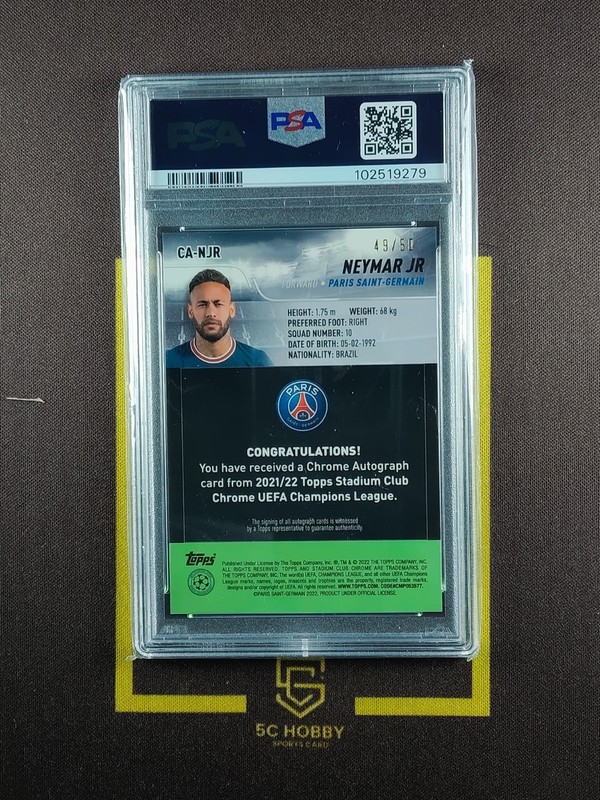 2021-22 Topps Stadium Club Chrome Gold Ref /50 Auto Neymar JR. PSA 10 FCCZ view 2