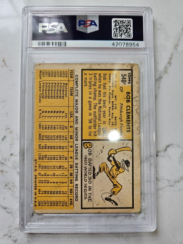 1963 Roberto "Bob" Clemente baseball card view 2