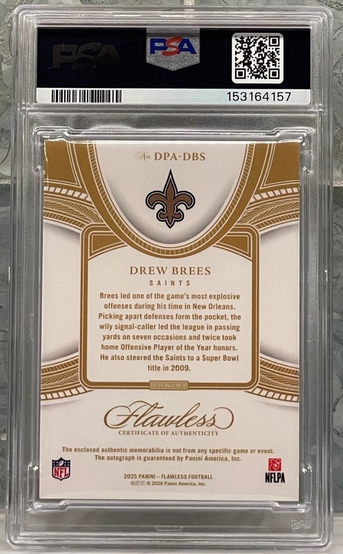 2025 Panini Flawless Drew Brees Distinguished Patch Auto Ruby #/15 Saints PSA view 2